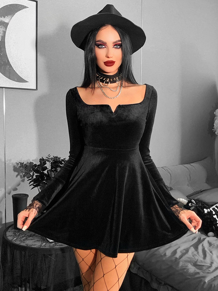 Y2K Harajuku High Waist A-Line Mini Punk Grunge Vintage Flare Sleeve Velvet Lolita Dress Main image