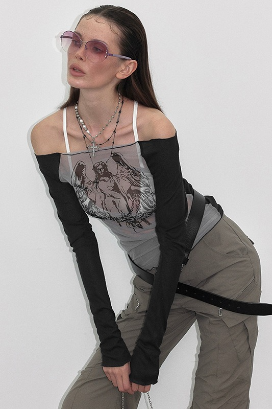 Slim Printed One Shoulder Mesh Knit Sheer Crop Top Main image