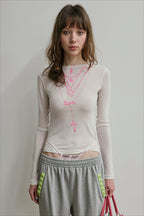 Cross Necklace Print Sheer Long Sleeve T-Shirt