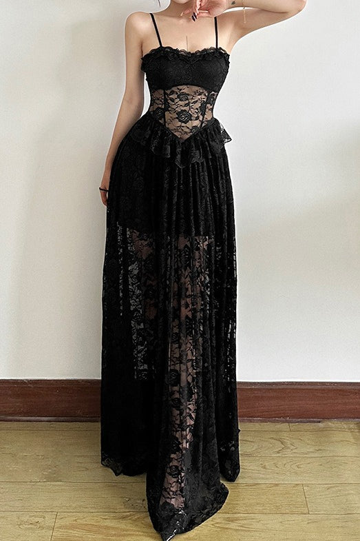 Sleeveless Ruffled Waist Maxi Lace Dress Main image