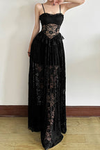 Sleeveless Ruffled Waist Maxi Lace Dress