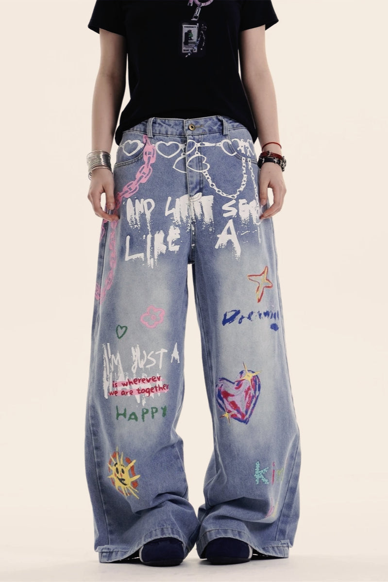 Y2K Baggy Graffiti Print Jeans Main image
