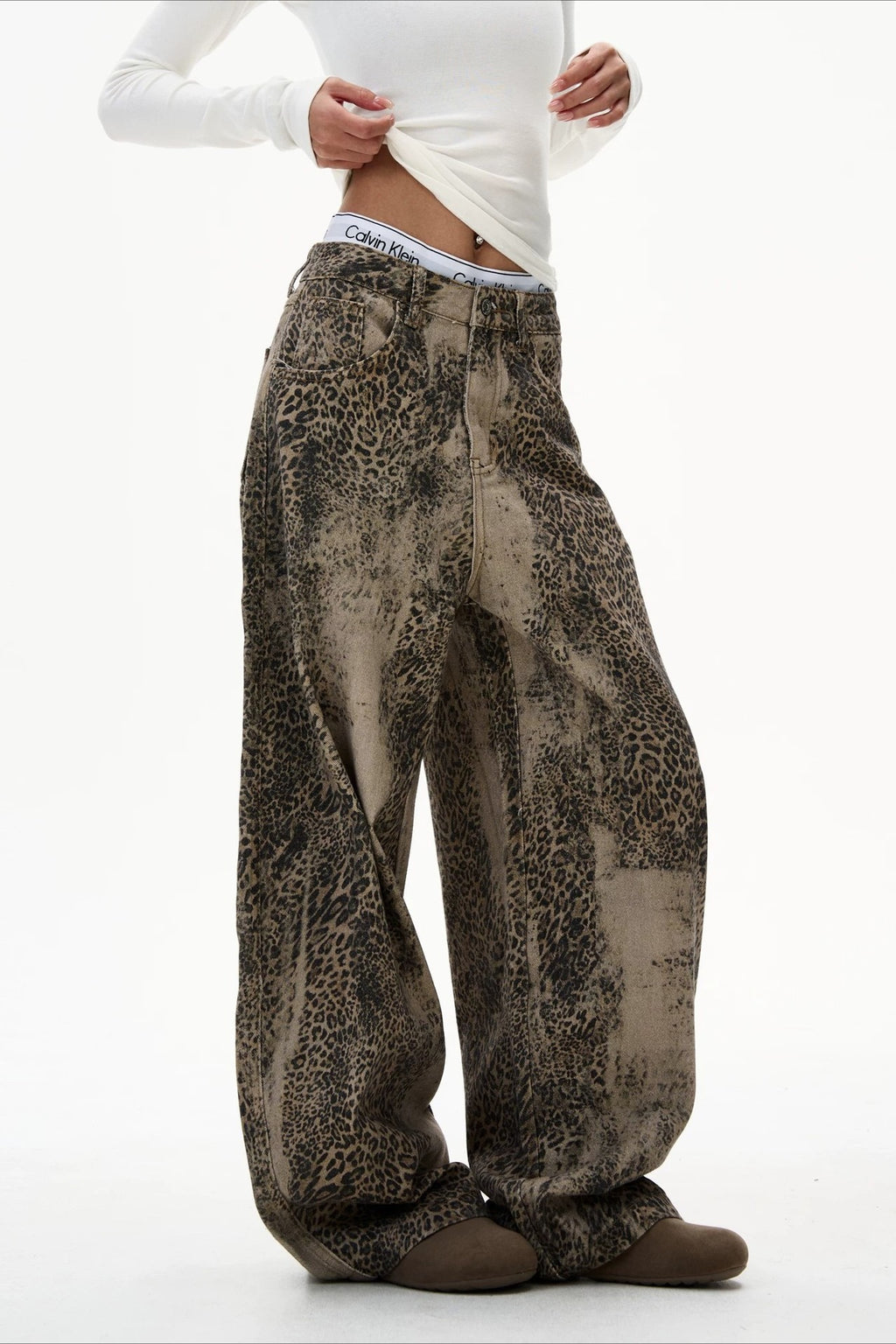 Leopard Washed Barrel Leg Streetwear Jeans