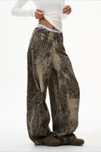 Leopard Washed Barrel Leg Streetwear Jeans