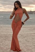 Halter Cutout Metal Ring Ruched Party Dress