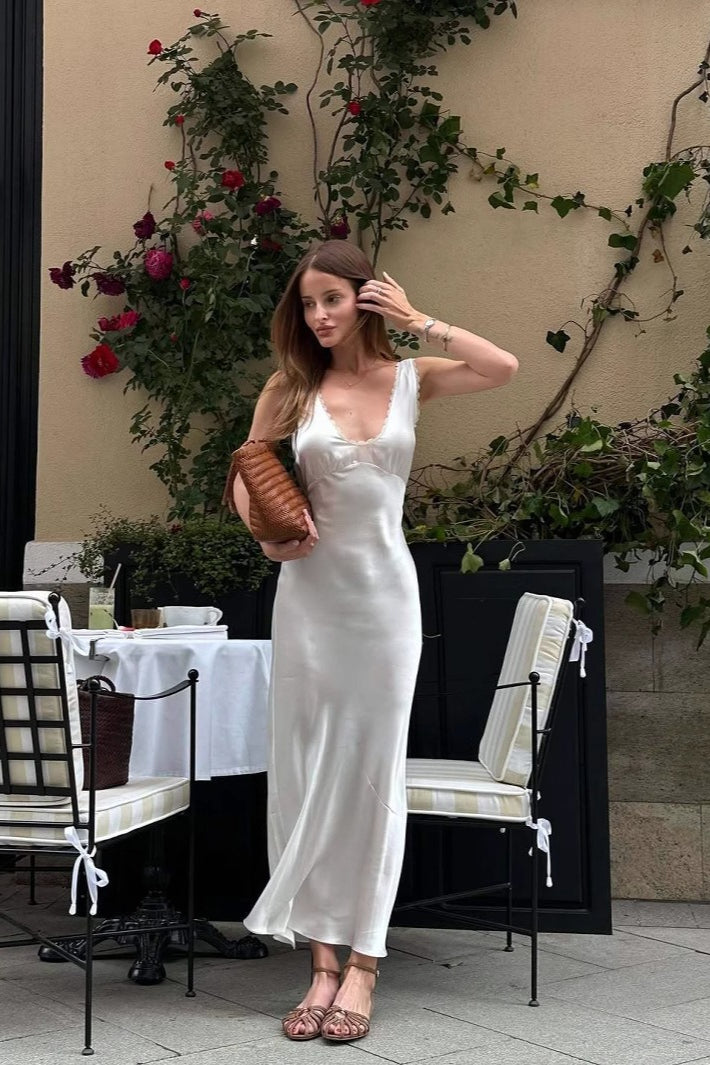 Lace Cutout White Halter V-Neck Mermaid Silk Dress Secondary image
