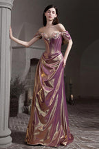 Off Shoulder Ruched Satin Elegant Prom Dress