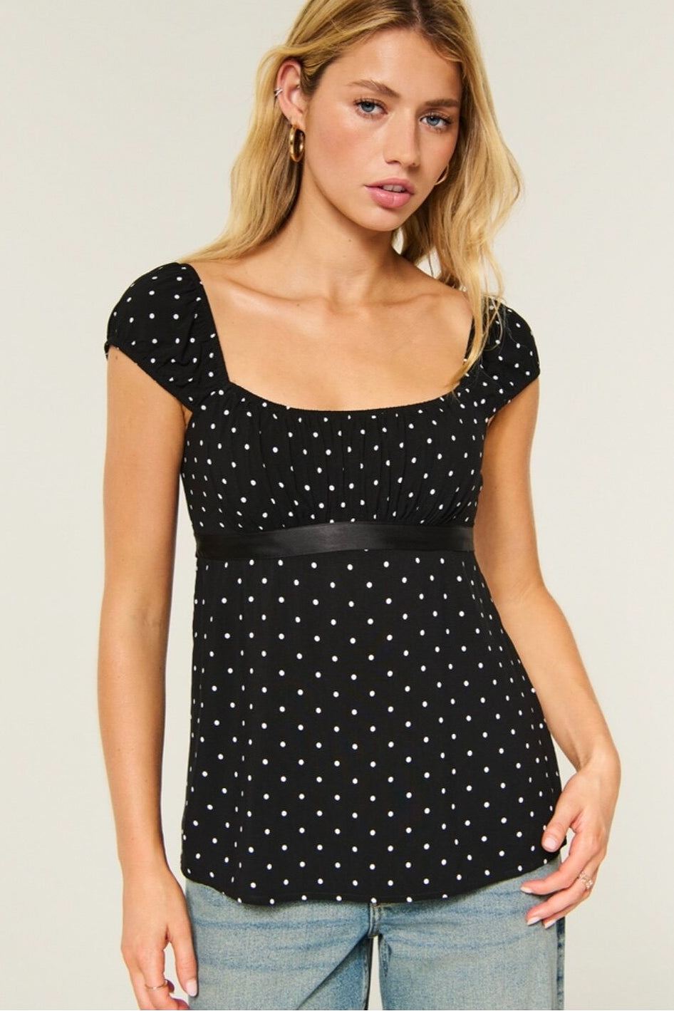 Polka Dot Square Neck Fitted T-Shirt