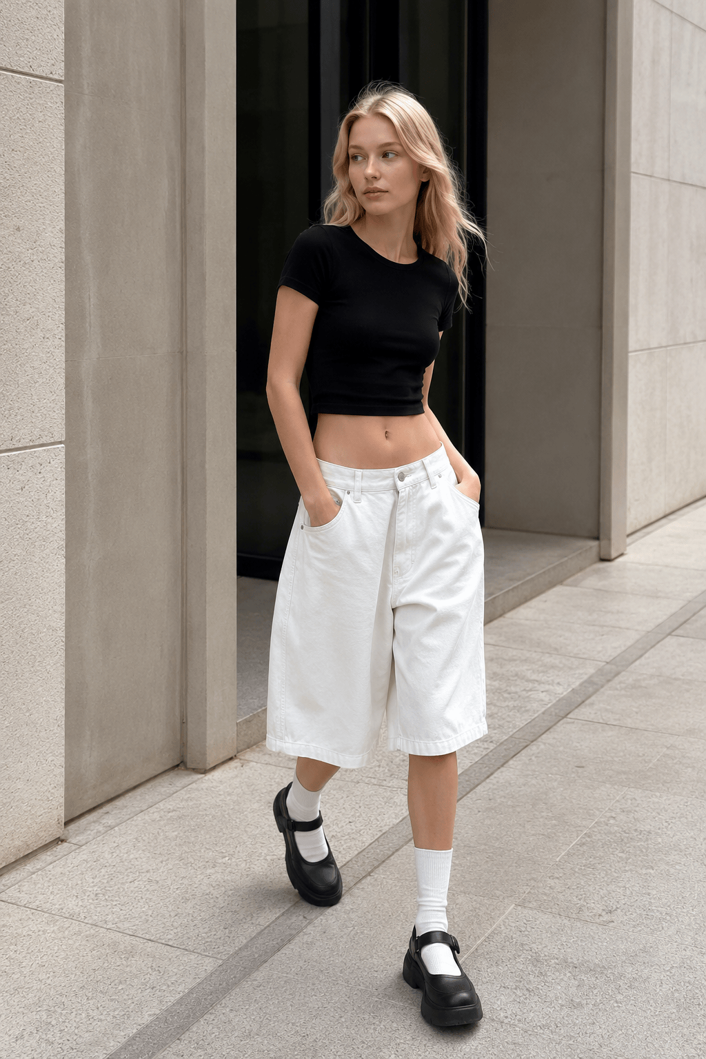 White High Waist Minimalist Wide Leg Denim Shorts Secondary image
