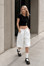 White High Waist Minimalist Wide Leg Denim Shorts