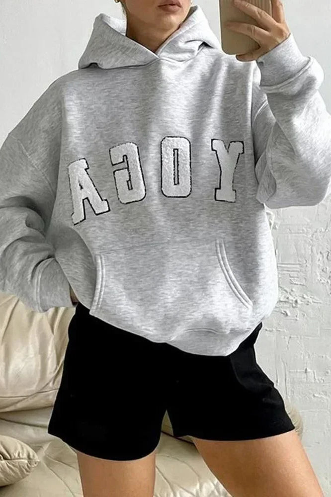 Casual Gray Embroidered Hoodie