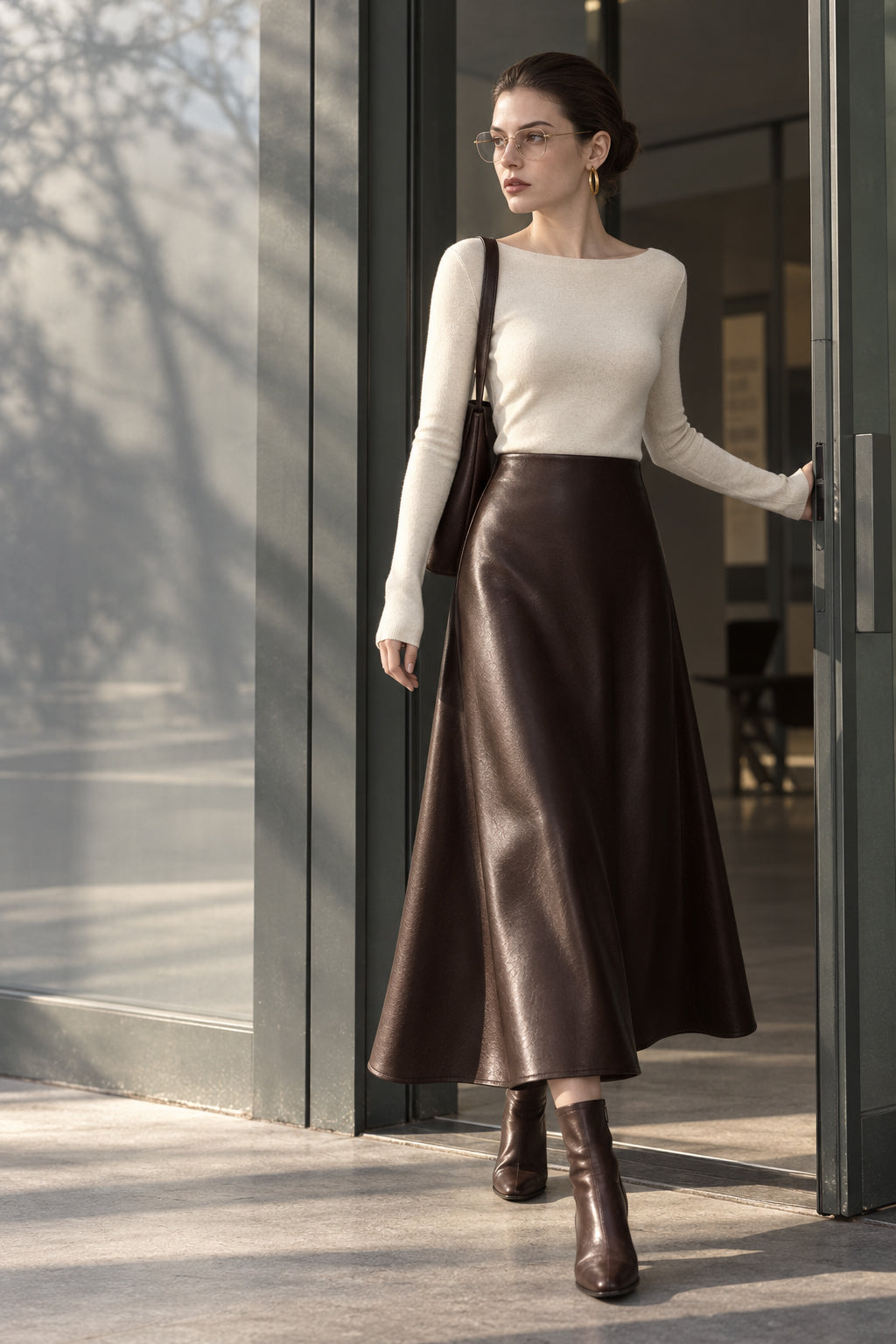 Pleated Faux Graceful Leather Midi Skirt Main image