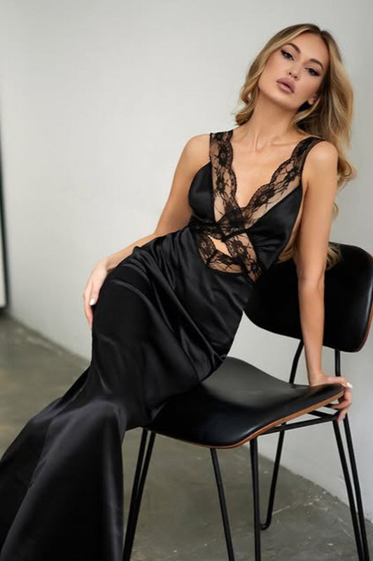 Lace Trim Satin Cutout Sleeveless Cami Fit Lace Dress Main image