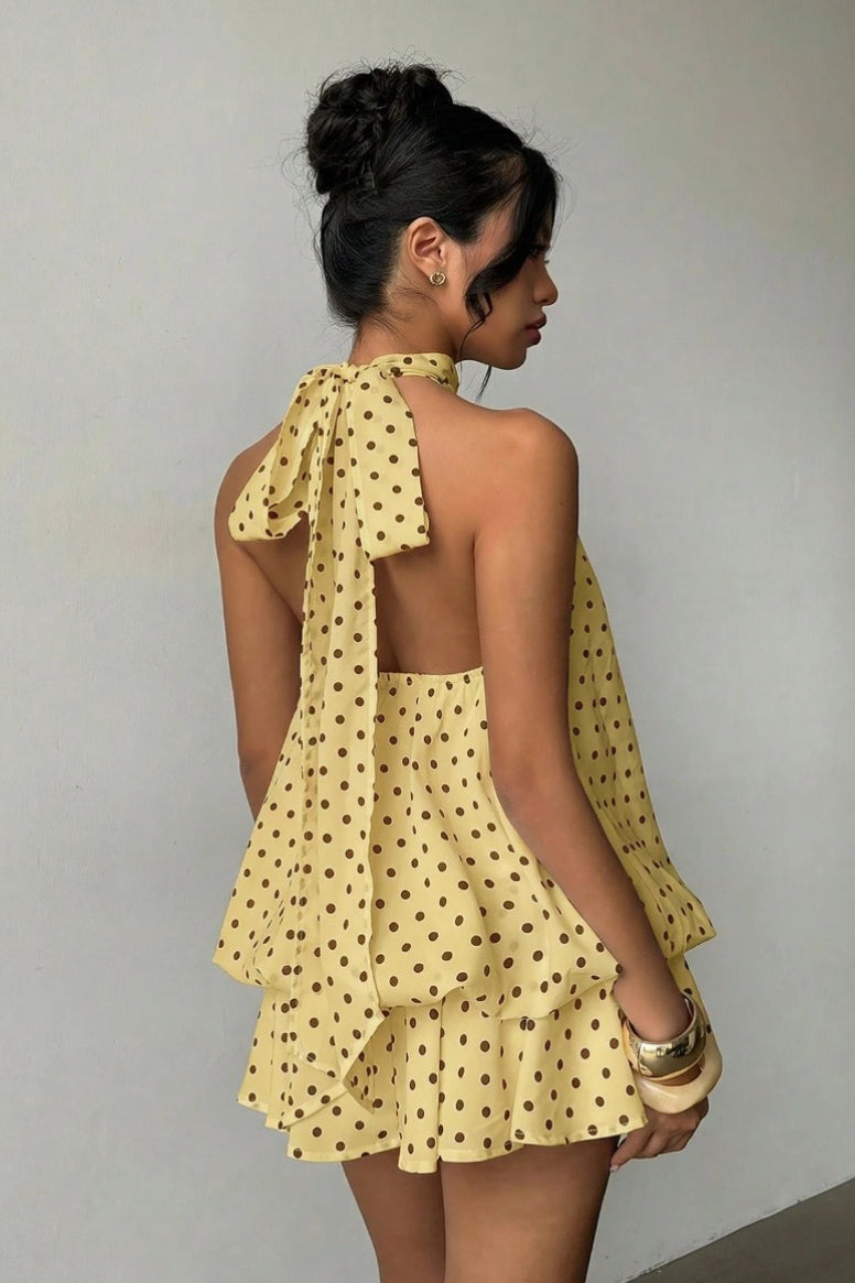 Polka Dot Halter Backless Lace-Up Flared Mini Dress