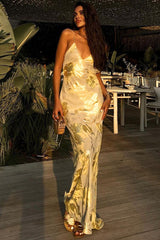 Sexy Backless Gold-Foil Cami Silk Dress