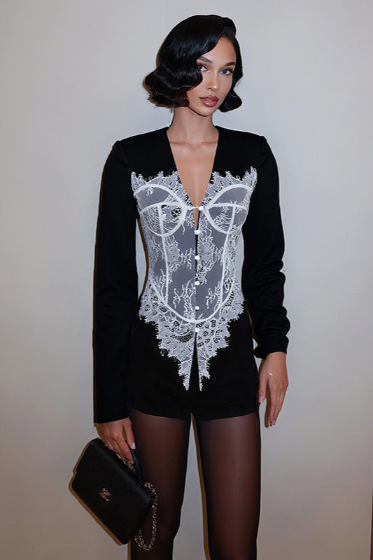 V-Neck Lace Panel Button Front Blazer Secondary image