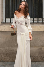 Lace Plunge Neck Bell Sleeve Maxi Dress