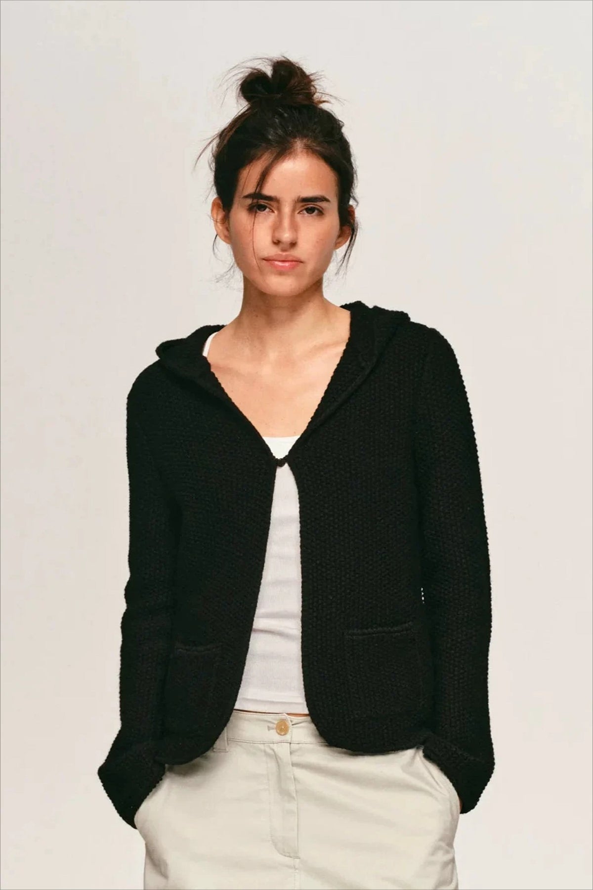 Single Button Fitted Wool Cardigan Knit Top