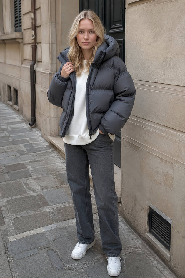 Relaxed Fit Cropped Hooded Puffer Jacket