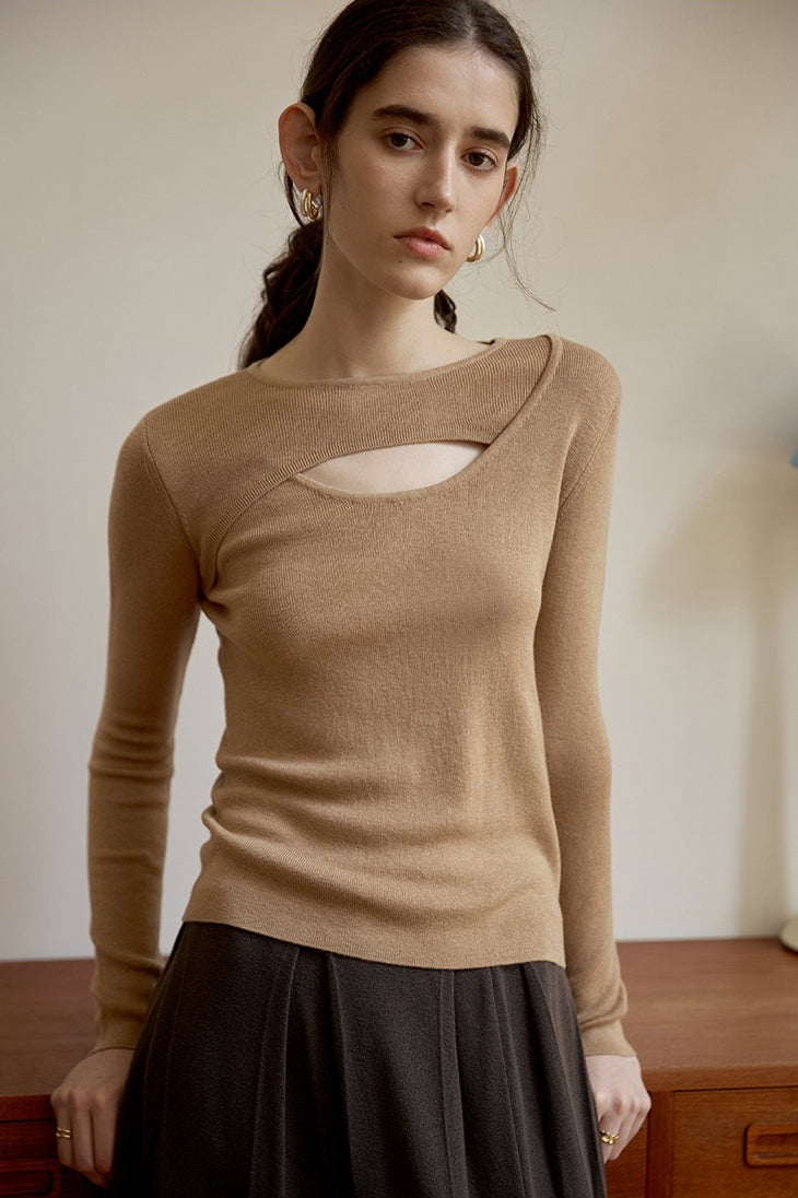 Sheer Panel Slim Wool Knit Top Main image