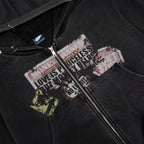 Heavy Washed Distressed Letter Print Zip Hoodie