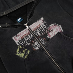 Heavy Washed Distressed Letter Print Zip Hoodie