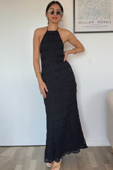 Backless Ruched Striped Tie Ruffled Maxi Boho Dress