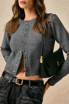 Solid Crew Neck Cropped Button Cardigan Sweater