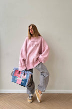 Distressed Graphic Oversized Crew Neck Knit Sweater