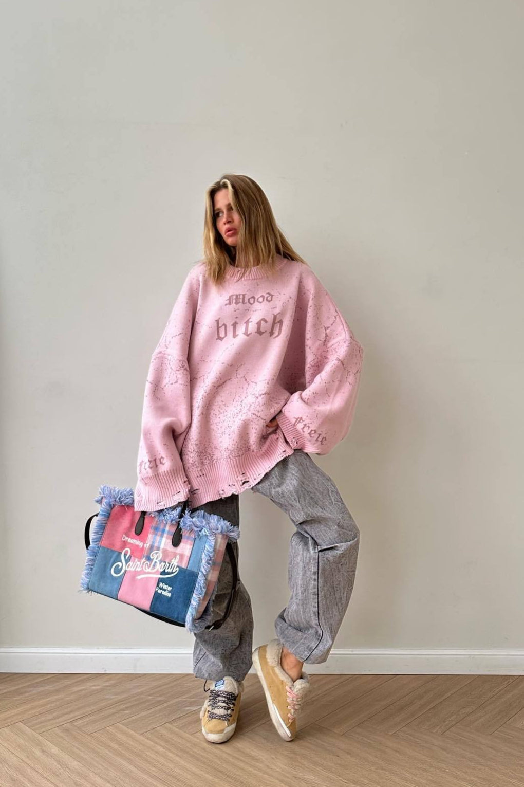 Distressed Graphic Oversized Crew Neck Knit Sweater