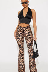Leopard Print Lace Trim Mid Waist Slim Butt Lifting Pants