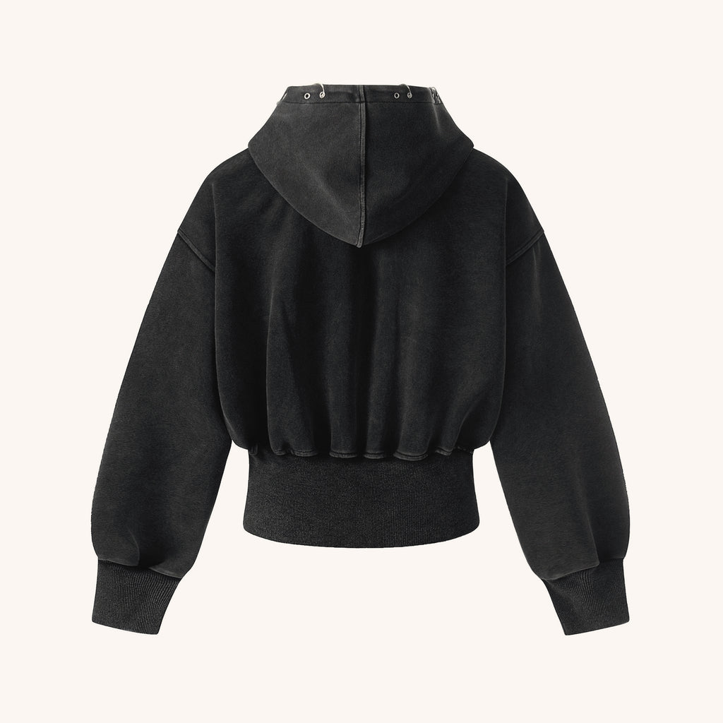 Heavy Washed Distressed Letter Print Zip Hoodie