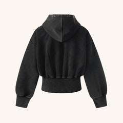 Heavy Washed Distressed Letter Print Zip Hoodie