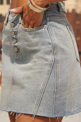 Raw Hem Button Front Denim Mini Skirt