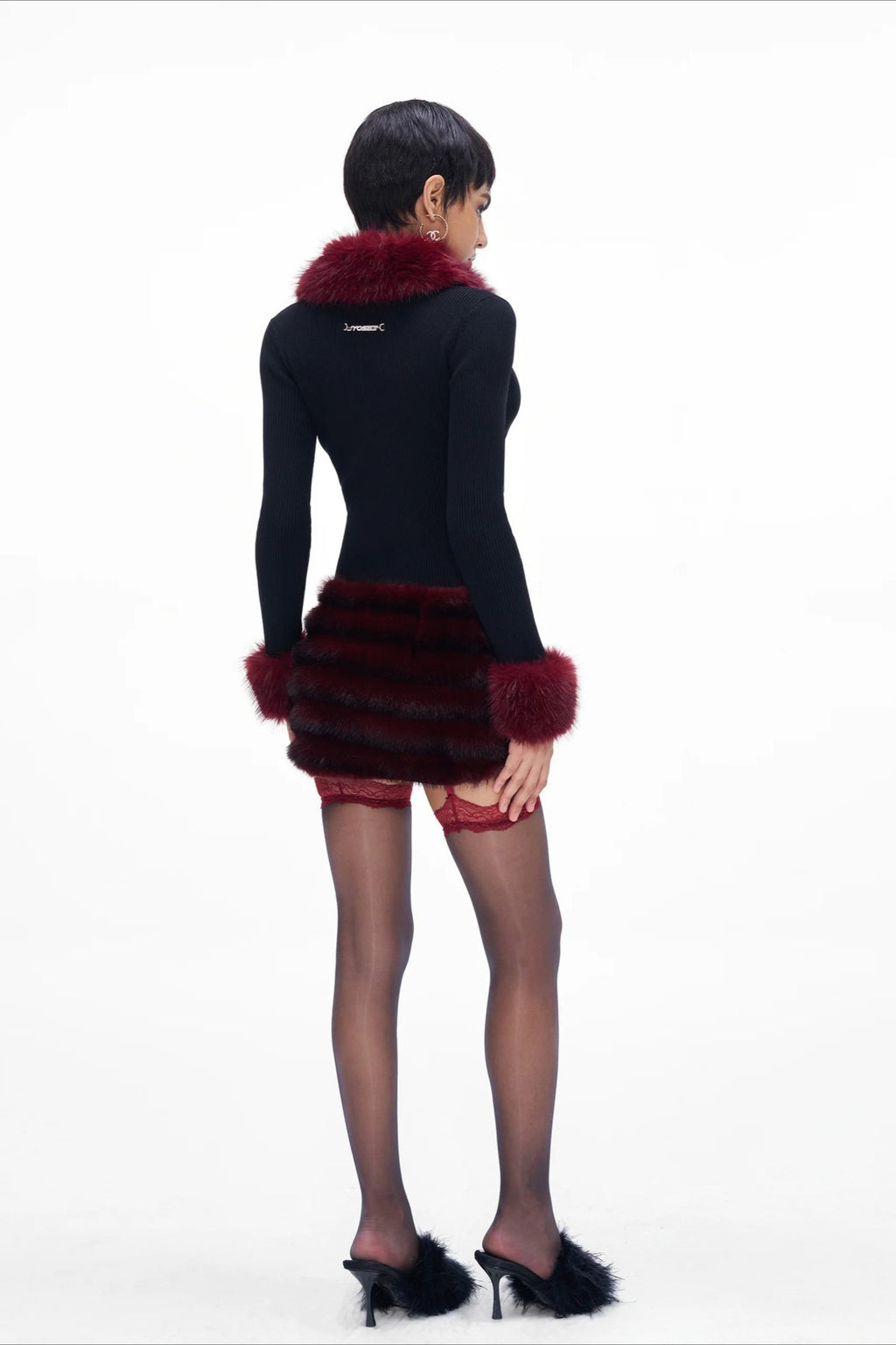 Faux Fur Trim Button Cropped Knit Top