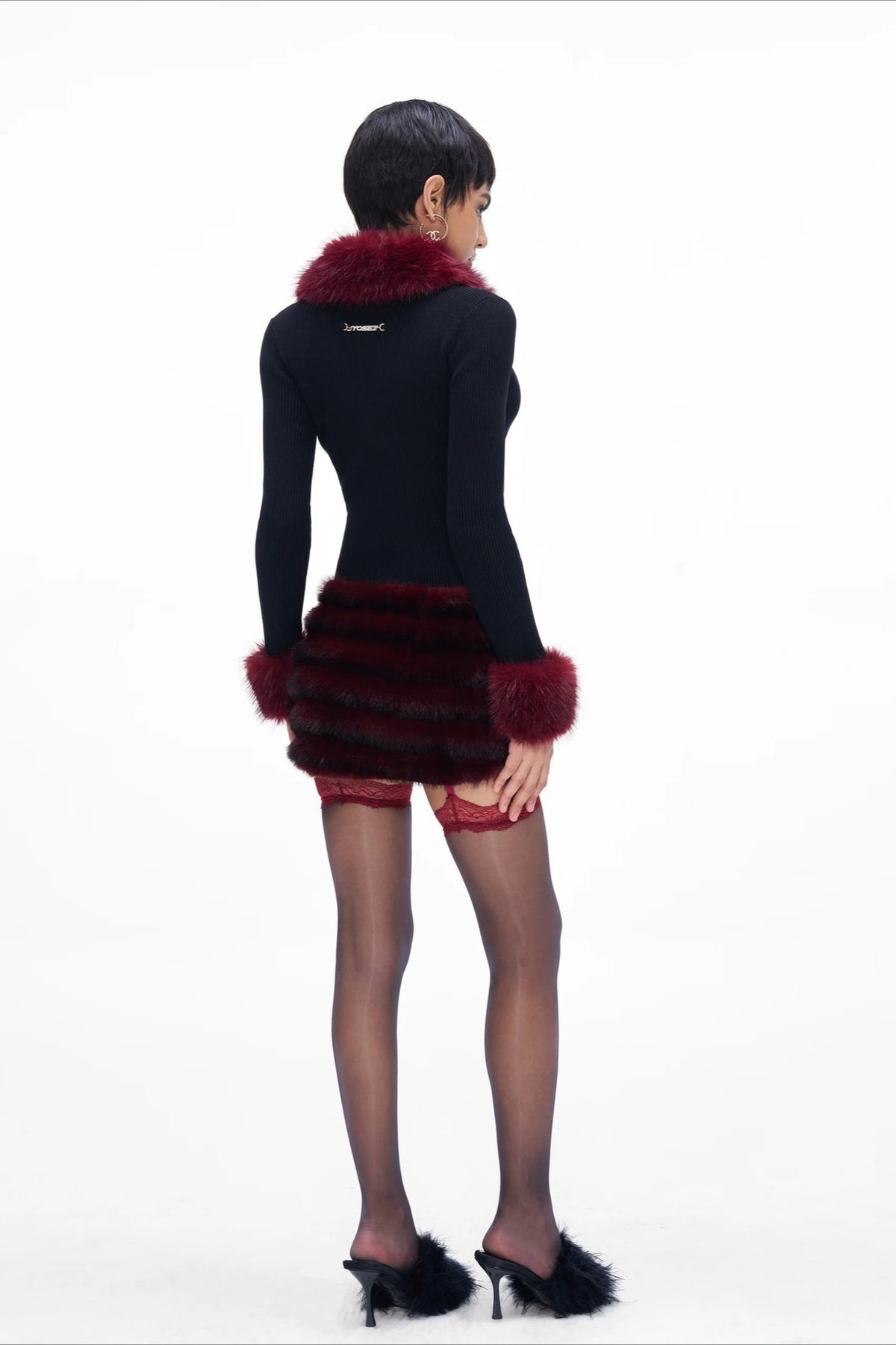 Faux Fur Trim Button Cropped Knit Top