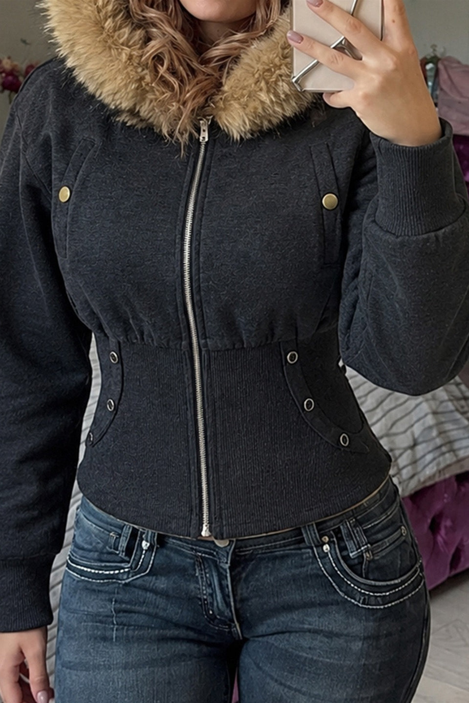 Corset Waist Fur Trim Zip Hoodie