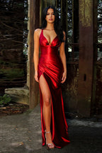 Satin V-Neck Slit Party Dress