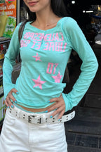 Mint Star Letter Button Fitted Long Sleeve T-Shirt