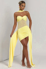 Bustier Backless Ruched Mesh Bodycon Dress