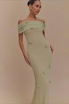 Floral Applique Off Shoulder Knit Maxi Dress