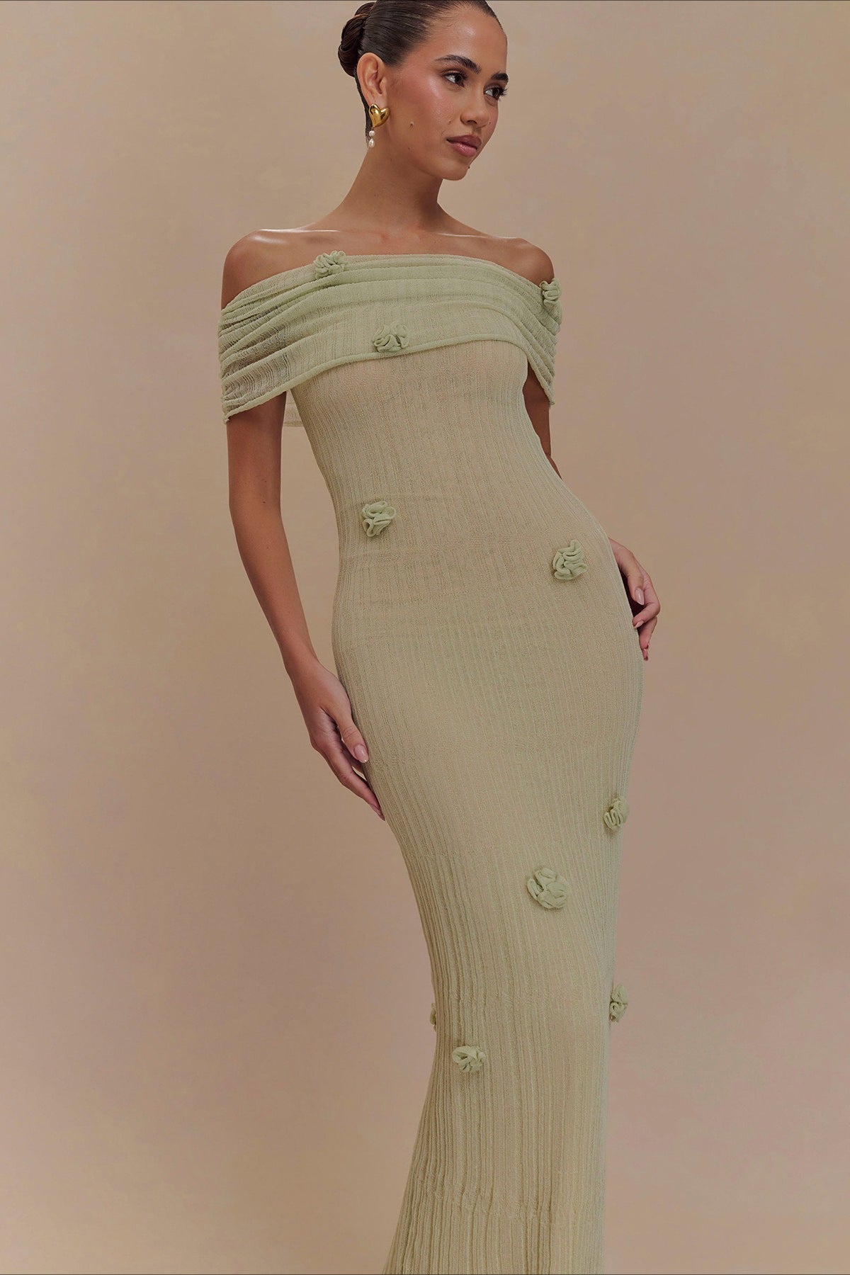 Floral Applique Off Shoulder Knit Maxi Dress