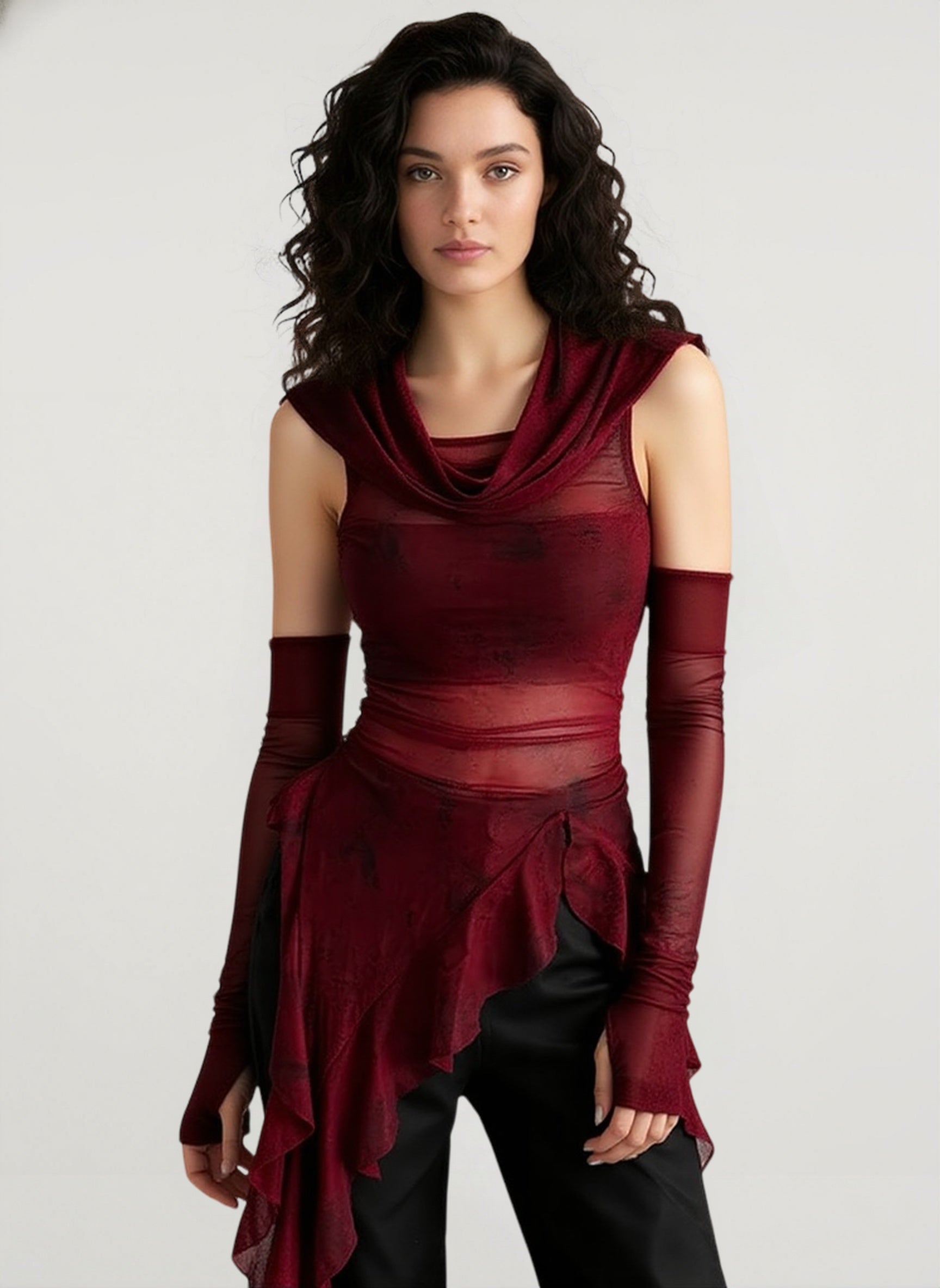 Cyber Grunge Mesh See Through Hooded Sheer Top Main image