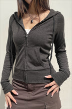 Ribbed Waist Fitted Zip Front Cropped Hoodie