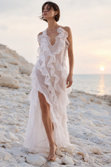 Plunge Mesh Asymmetric Ruffle Trim Long Slip Dress