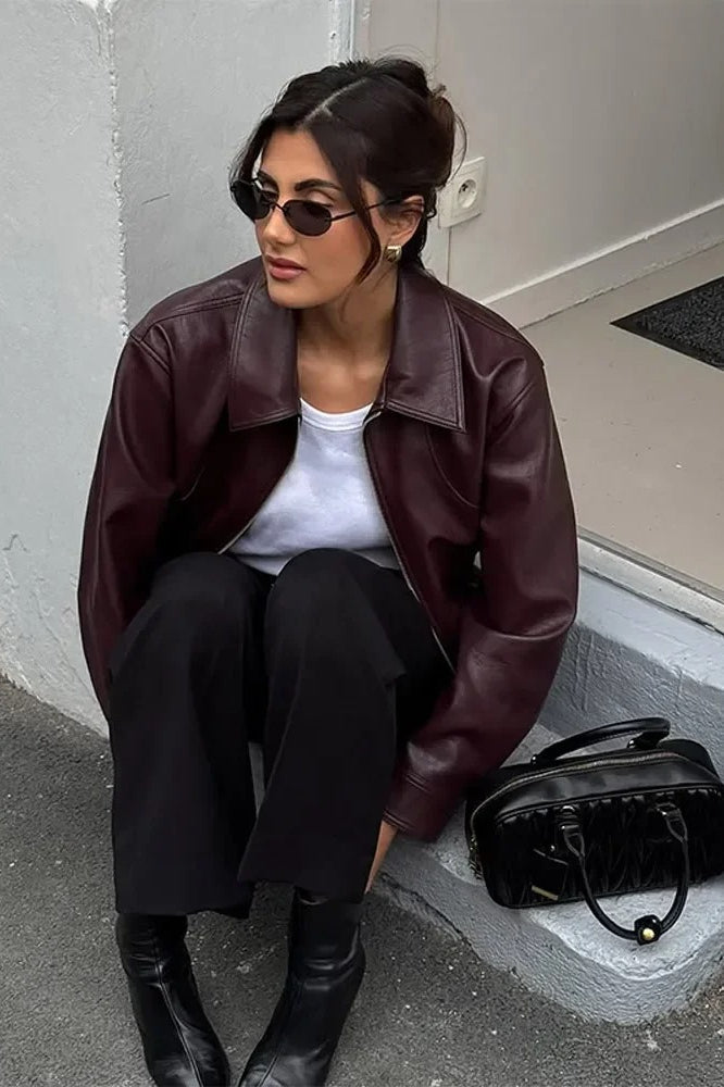 Retro Wine Red PU Leather Short Jacket Secondary image