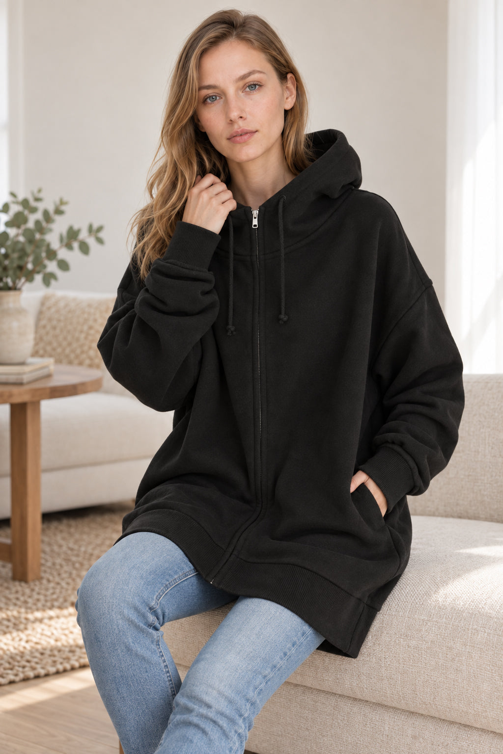 Color Hoodie Zipper Solid - Mid-length