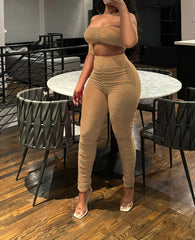 Ruched Off Shoulder Two Piece Pants Set