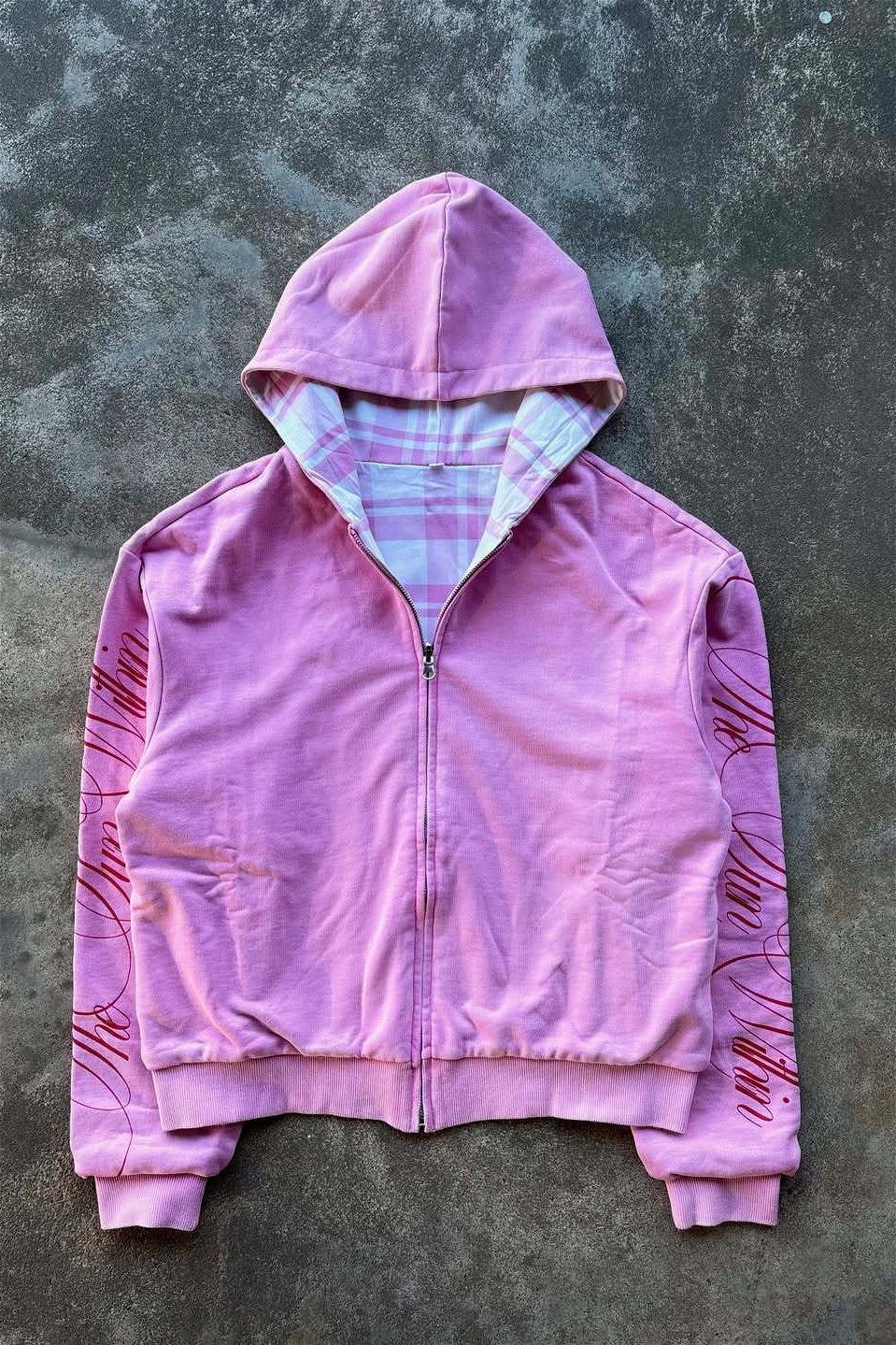 Reversible Plaid Lined Pink Full Zip Hoodie