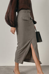 High Waist Front Slit Bodycon Midi Skirt